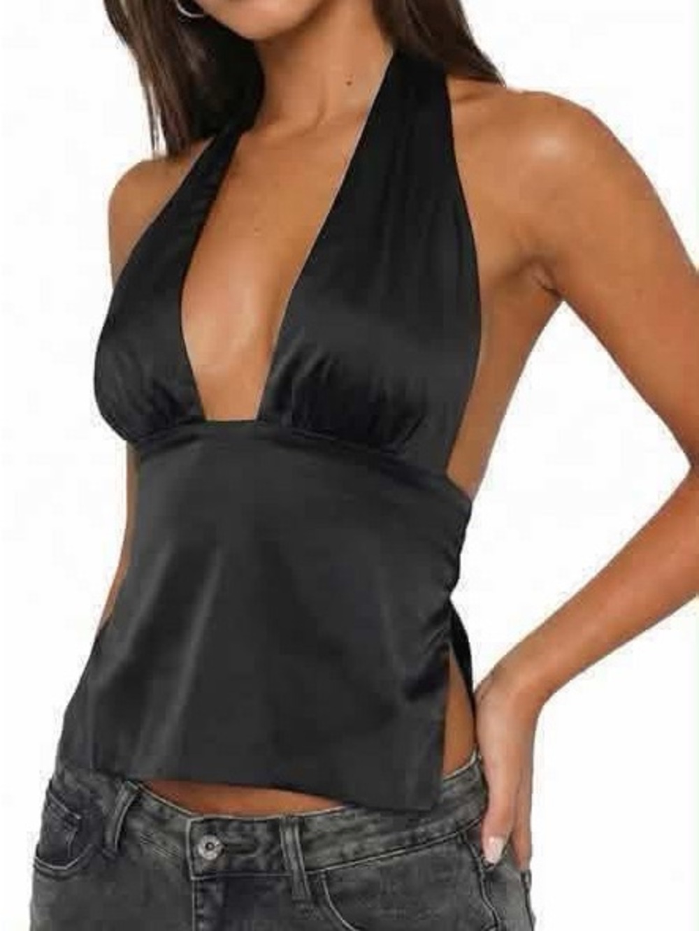 Black Satin Halter Tank Top - Women's